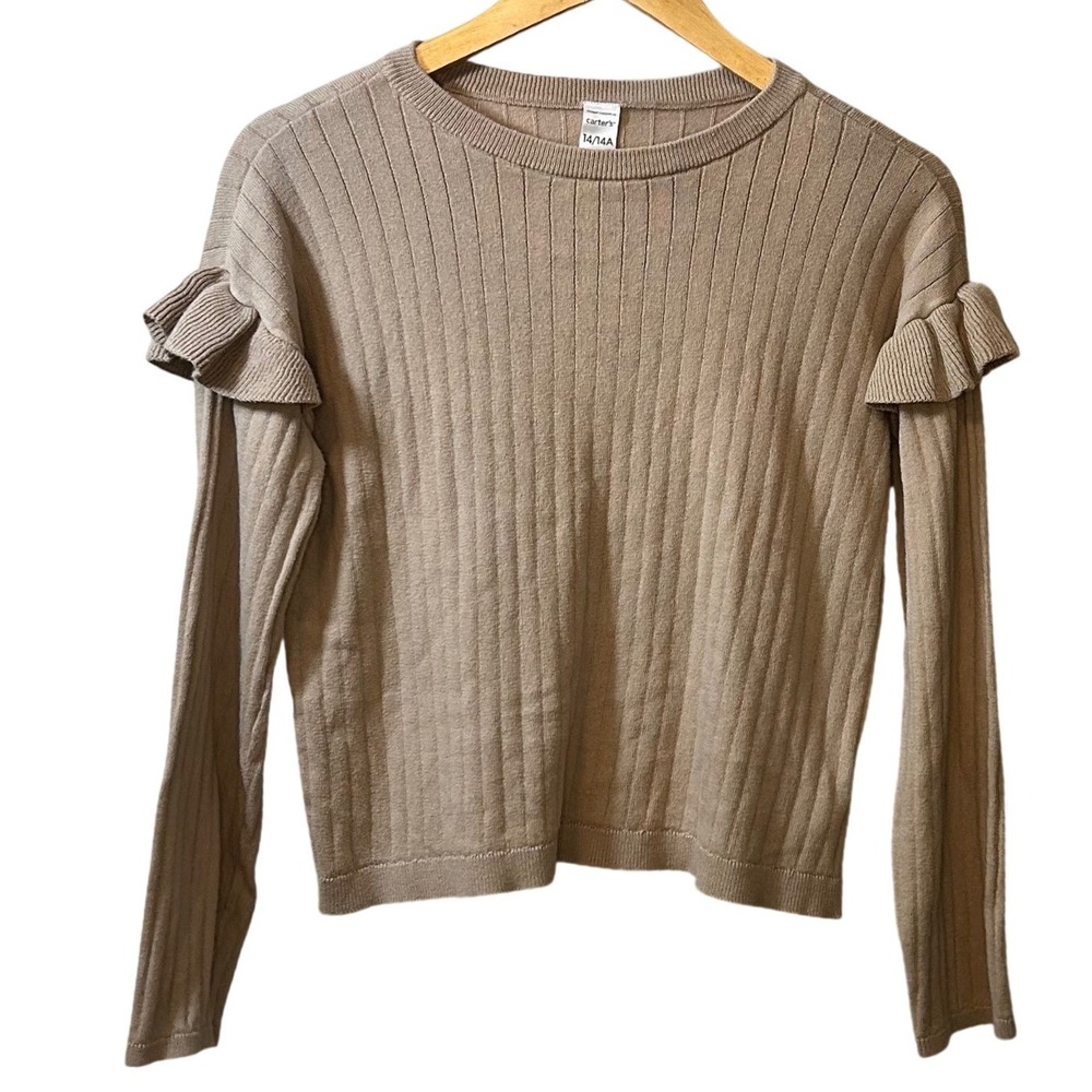 Carters Kids Tan Ribbed Ruffle Shoulder Long Sleeve Cotton Sweater 14 0548